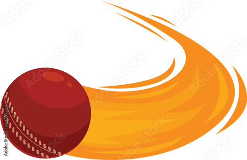 Classic leather cricket ball moving fast through the air leaving a fiery trail