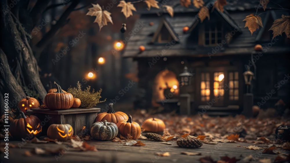 Naklejka premium Cozy Halloween Scene with Pumpkins and Lanterns in Autumn Forest for Seasonal Blogs, Greeting Cards, and Holiday-Themed Websites