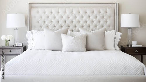 A cozy and elegant bedroom showcases a sleek bed dressed in satin linens, accompanied by textured pillows and bedside lamps, creating a serene atmosphere