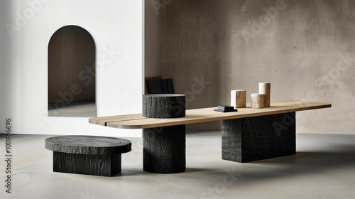 A modern, black, rounded desk with a white wall and mirror