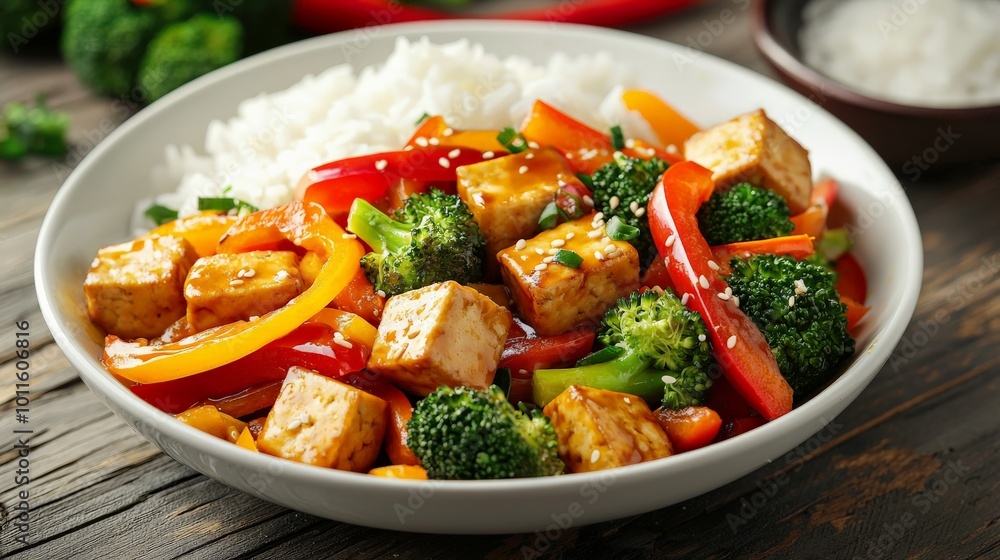 A vibrant vegetable stir-fry with colorful bell peppers, broccoli, and tofu, served with steamed rice in a white bowl A vibrant vegetable stir-fry with colorful bell peppers, broccoli, and tofu, served with steamed rice in a white bowl