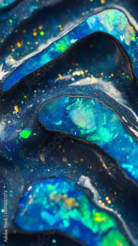 A close-up of a beautiful blue-green sparkling rotating opal gemstone, with a smooth and shiny surface. This gemstone presents sparkling colors and swirling patterns photo