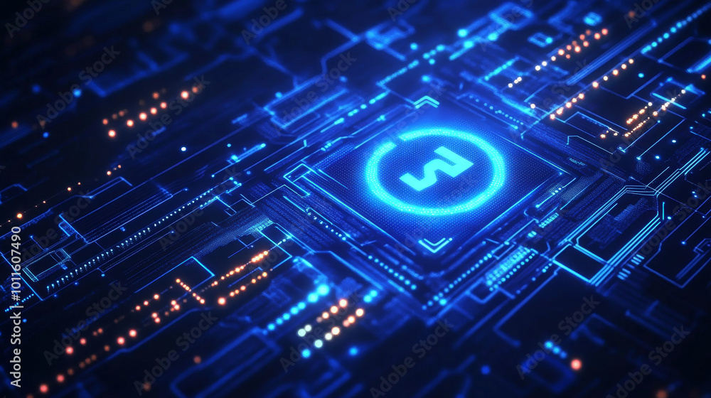 A blue background with glowing lines and a digital chip. The chip has a power icon made of light pixels, representing the power of technology and artificial intelligence.low poly wireframe. A blue background with glowing lines and a digital chip. The chip has a power icon made of light pixels, representing the power of technology and artificial intelligence.low poly wireframe.