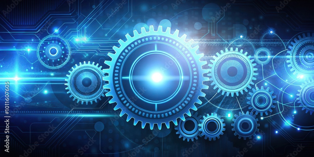 A vibrant blue abstract digital background with a central glowing gear surrounded by smaller cogs, showcasing a futuristic vision of interconnected technology. A vibrant blue abstract digital background with a central glowing gear surrounded by smaller cogs, showcasing a futuristic vision of interconnected technology.