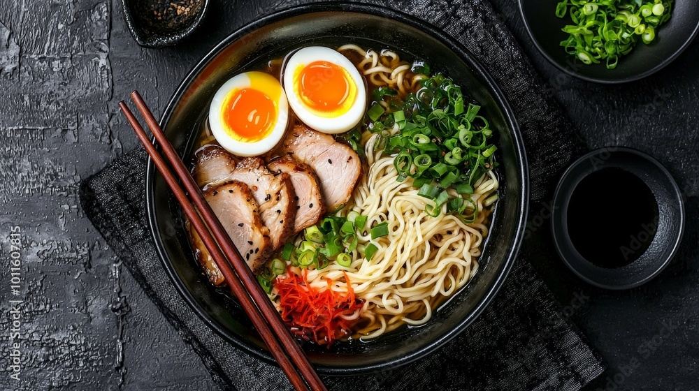 A warm and inviting bowl of ramen with noodles, soft-boiled egg, sliced pork, and green onions, served with chopsticks A warm and inviting bowl of ramen with noodles, soft-boiled egg, sliced pork, and green onions, served with chopsticks