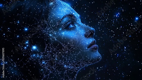 Portrait of a woman's face intricately crafted from thousands of digital stars and lines, seamlessly blending elements of beauty, cosmos, imagination, and technology.