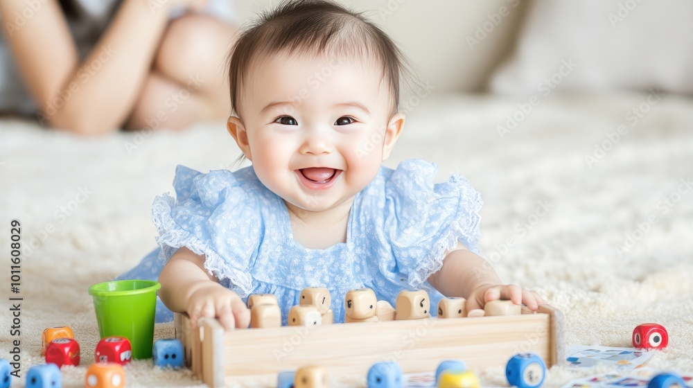 A little girl is happily playing with vibrant plastic cups on a table in a children's room while her mother watches, encouraging her fine motor skills through creative play A little girl is happily playing with vibrant plastic cups on a table in a children's room while her mother watches, encouraging her fine motor skills through creative play