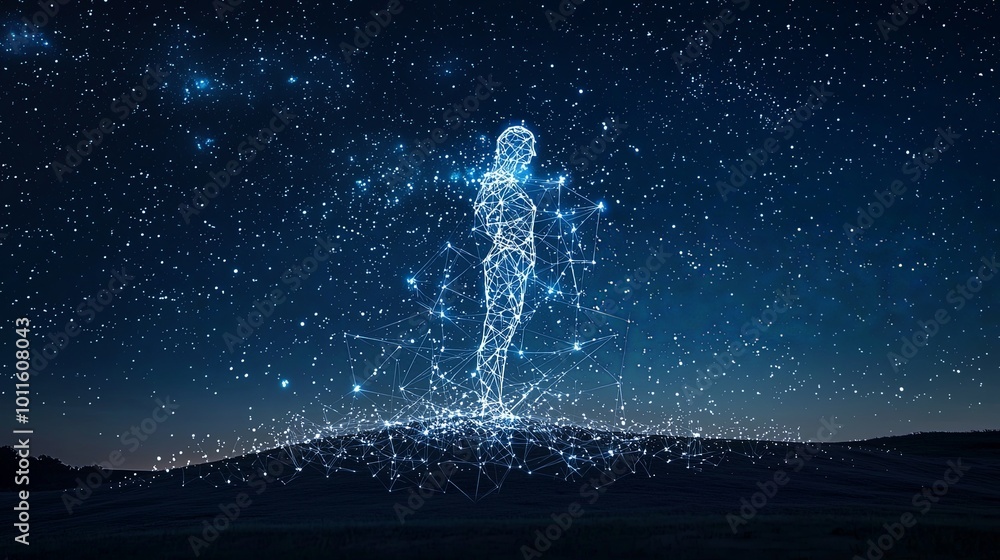 A human-like form made from glowing lines stands in an open field beneath a starry sky, embodying the connection between humans and the universe. A human-like form made from glowing lines stands in an open field beneath a starry sky, embodying the connection between humans and the universe.