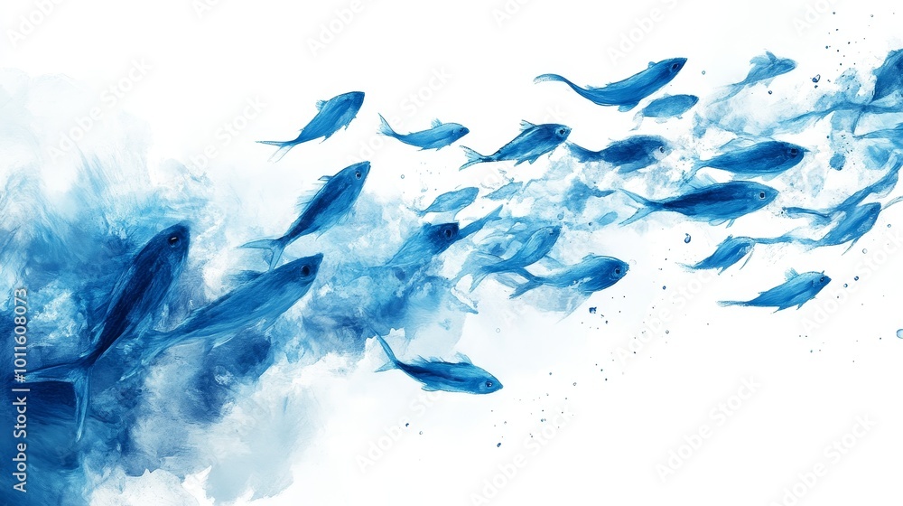 Obraz premium The abstract illustration shows a scene of a large number of blue small fish swimming against a pure white background. Minimalist design showcases the fluidity and sportiness of fish schools