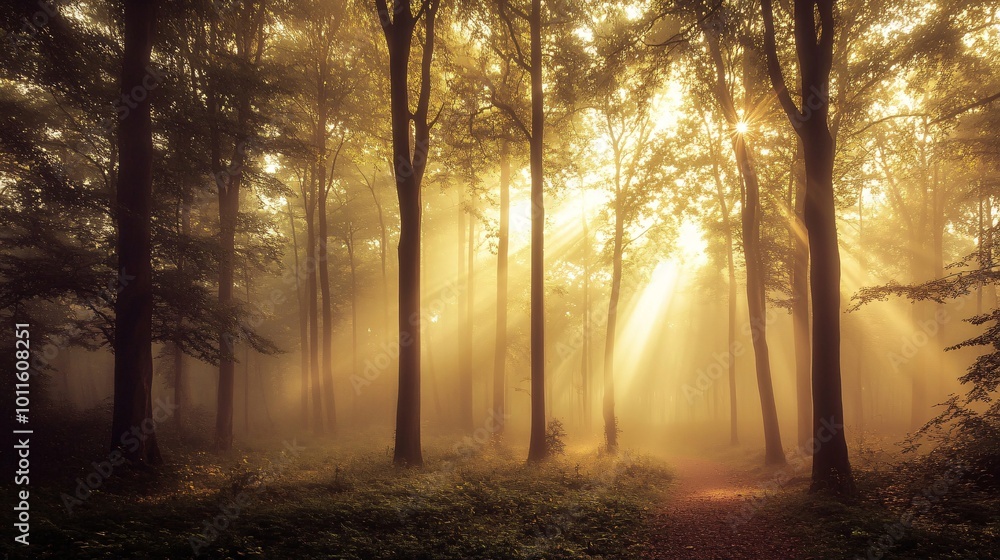 Naklejka premium Sunlight filtering through forest trees