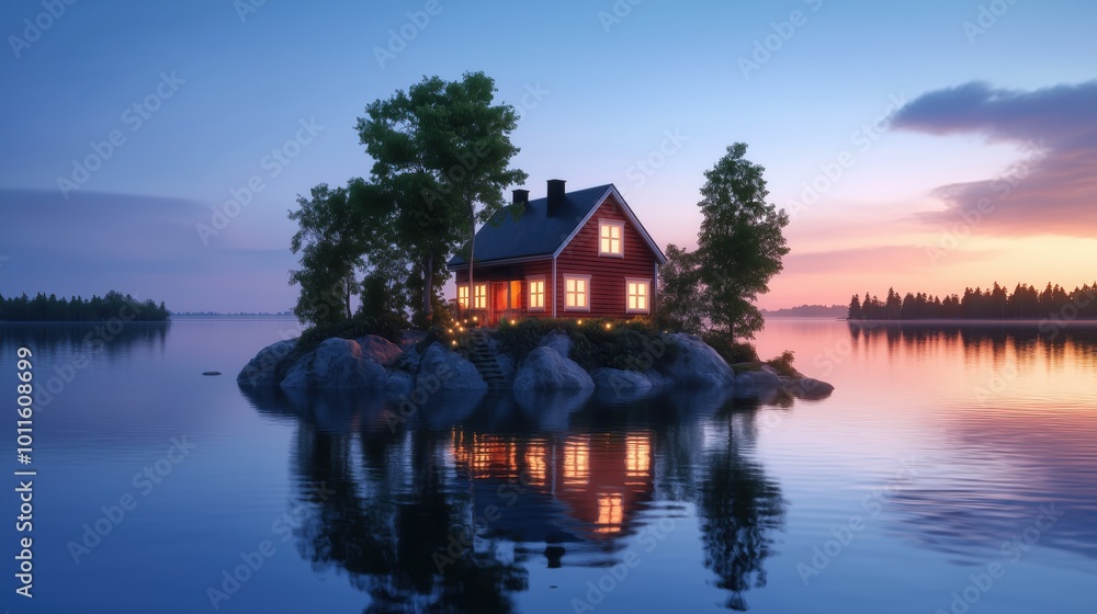 Tranquil Small Island at Sunset with Cozy Swedish House in Reflection Tranquil Small Island at Sunset with Cozy Swedish House in Reflection
