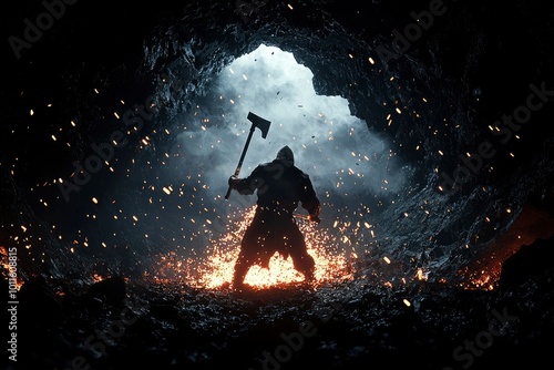 A Silhouetted Figure Holding an Axe Stands in a Cave with Sparks Flying Around Them photo