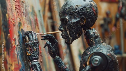 Futuristic art studio featuring a robot artist creating on canvas with vibrant colors and sculptures