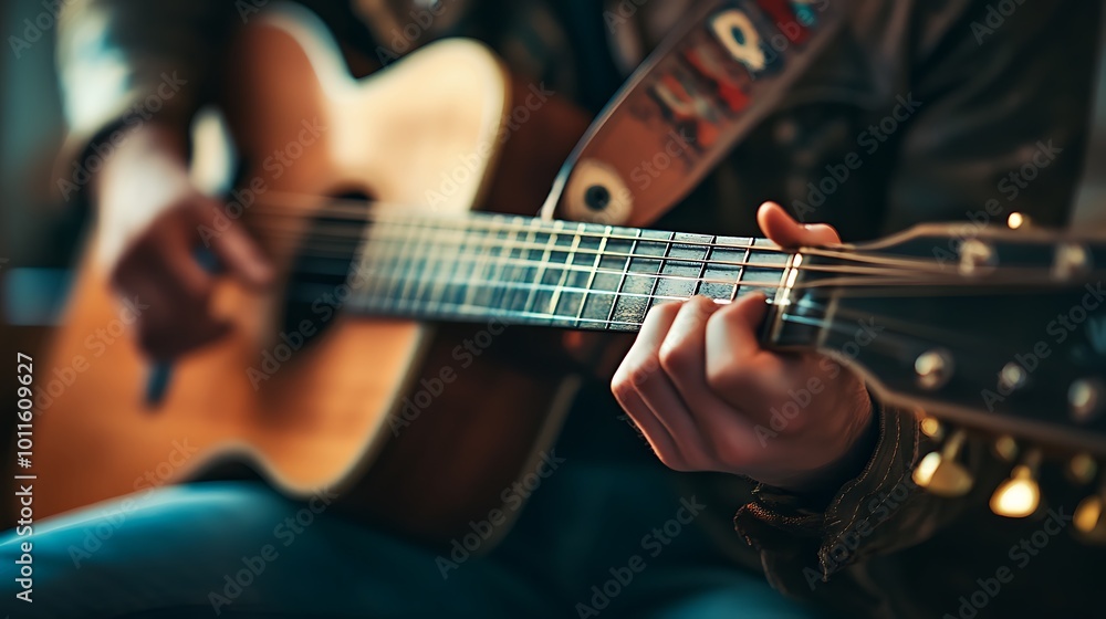 A close up of a hand playing an acoustic guitar, with the fretboard, strings, and tuning pegs in focus. The rest of the image is blurred out. A close up of a hand playing an acoustic guitar, with the fretboard, strings, and tuning pegs in focus. The rest of the image is blurred out.
