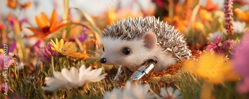 A small robotic hedgehog with chrome spikes exploring a meadow dotted with both mechanical and natural flowers.