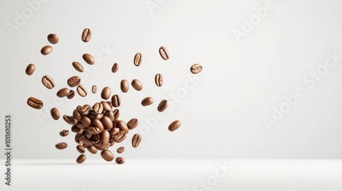 Coffee explosion with flying beans, white background, 3D illustration
