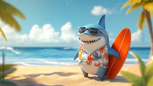 Cartoon shark wearing sunglasses on beach