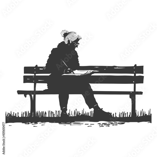 Silhouette of a woman writing in a book on a park bench