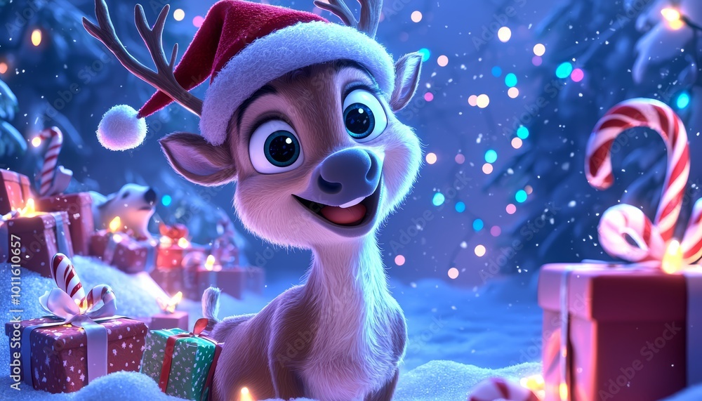 Fototapeta premium A smiling reindeer in a Santa hat, standing next to a decorated Christmas tree with twinkling lights in the background.