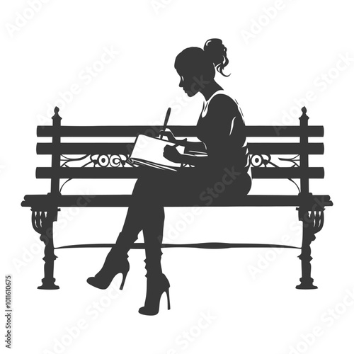 Silhouette of a woman writing in a notebook on a bench