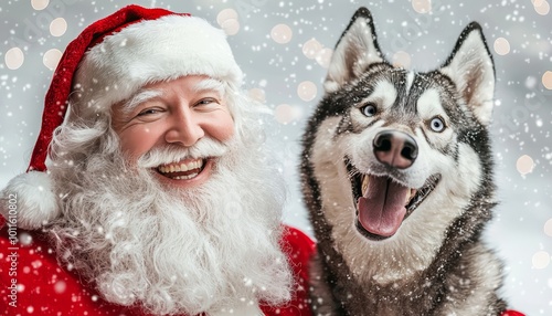 A smiling Santa Claus posing with a playful husky dog in the snow, both surrounded by softly falling snowflakes and glowing Christmas lights.