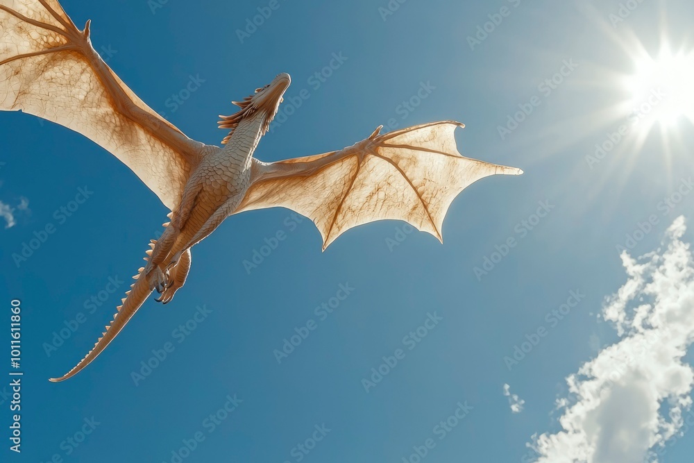 Naklejka premium White Dragon Soaring Through a Blue Sky with Sun Rays