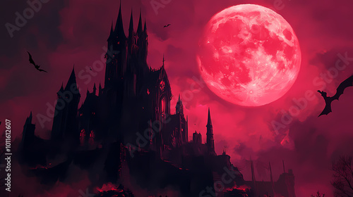 Castle on a scary full moon night halloween holiday banner background concept. Dark Wizard's Tower. Illustration