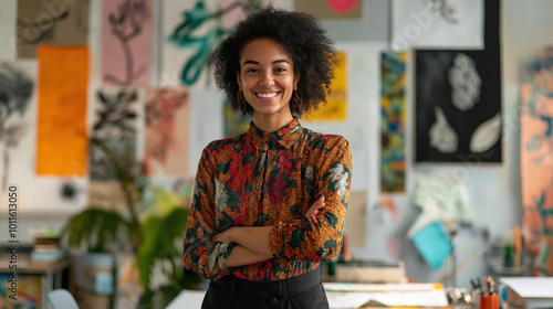 Female designer standing confidently in her vibrant office