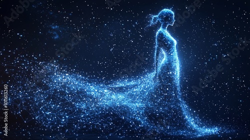 An ethereal silhouette of a woman composed of glowing cosmic particles, with a flowing form that blends seamlessly into a celestial background of stars.