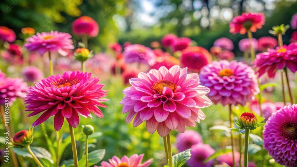 A vibrant field of blooming pink dahlias, their petals unfurling under the warm summer sun. A vibrant field of blooming pink dahlias, their petals unfurling under the warm summer sun.