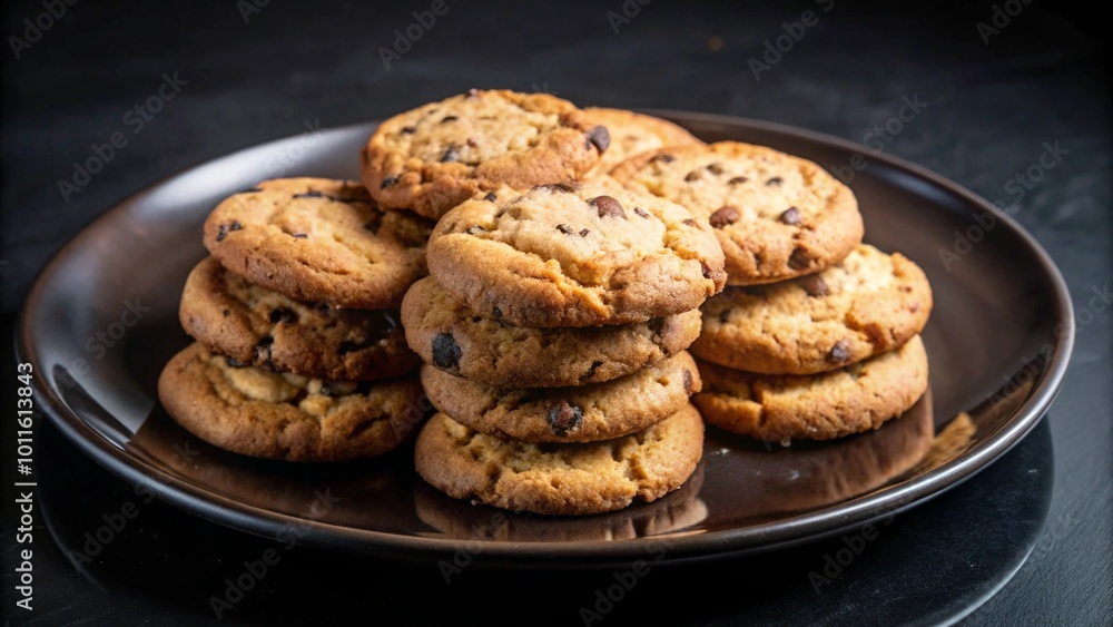 A stack of freshly baked chocolate chip cookies on a brown plate. A stack of freshly baked chocolate chip cookies on a brown plate.