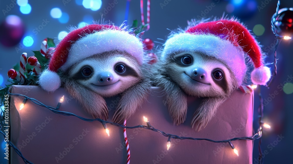 Obraz premium Adorable sloths in Santa hats hanging from the edges of a large gift box, surrounded by festive decorations and glowing fairy lights.