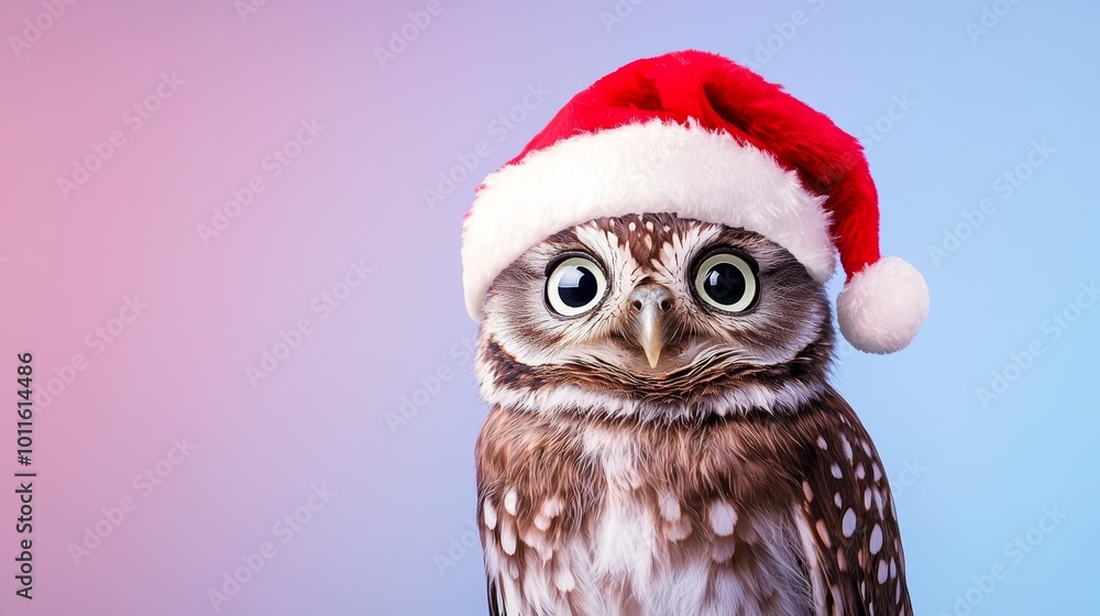 An adorable owl with a fluffy red Santa hat, wide eyes full of wonder, standing against a soft gradient background of blues and purples, ready for the holidays. An adorable owl with a fluffy red Santa hat, wide eyes full of wonder, standing against a soft gradient background of blues and purples, ready for the holidays.