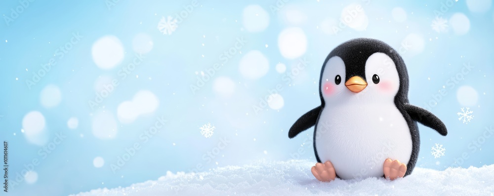Fototapeta premium An adorable penguin sliding down a snowy hill, with snowflakes swirling in the cold air of the winter landscape.