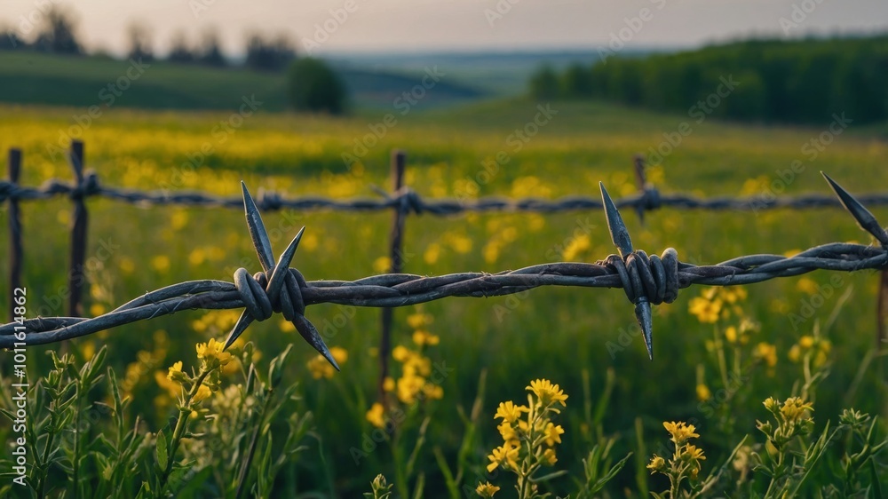 Fototapeta premium A barbed wire fence lines a meadow filled with yellow wildflowers under a colorful sunset