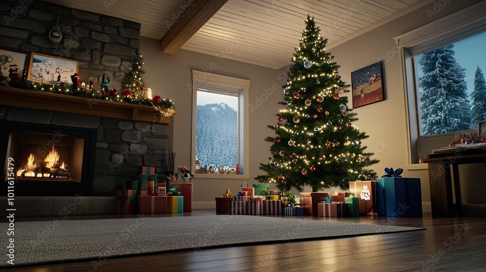 The room showcases a sparkling Christmas tree surrounded by colorful presents, with a glowing fireplace creating a festive atmosphere perfect for the holidays The room showcases a sparkling Christmas tree surrounded by colorful presents, with a glowing fireplace creating a festive atmosphere perfect for the holidays
