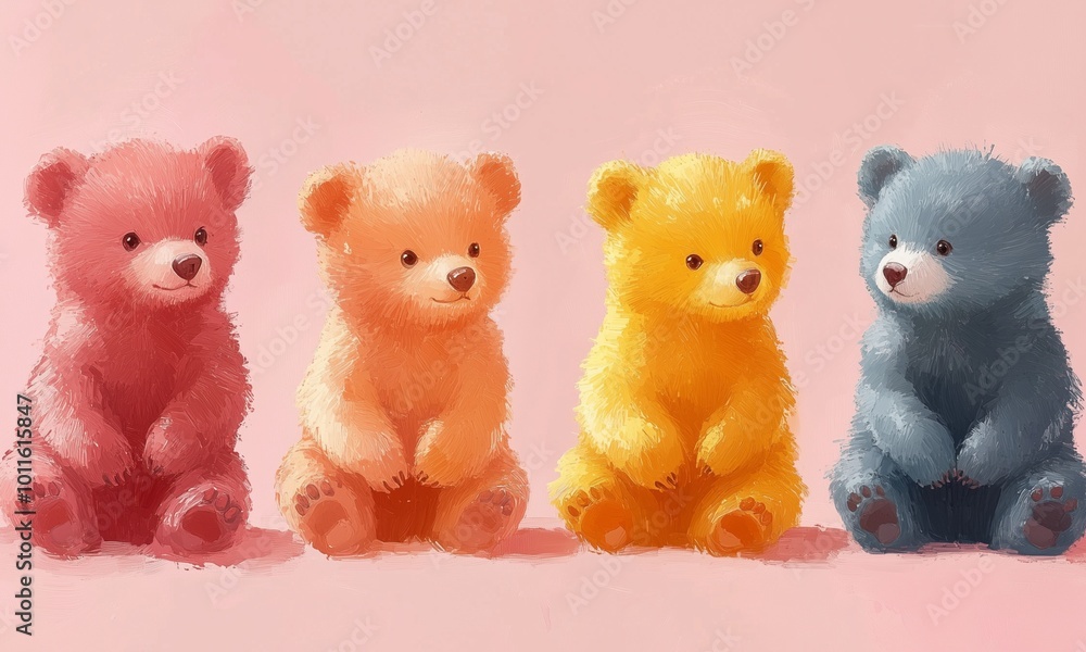 Obraz premium Cute Cartoon Sitting Bears in Soft Pastel Colors, Nursery Style Watercolor
