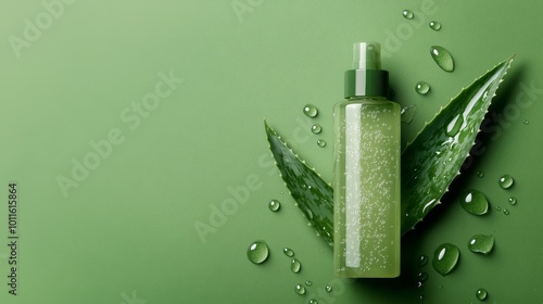 A close-up of an aloe vera skincare product bottle placed on aloe leaves, surrounded by water droplets on a vibrant green background. The natural and refreshing scene highlights hydration and purity