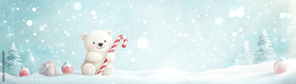 Fototapeta premium A smiling polar bear hugging a large candy cane, with a vibrant snowy Christmas scene in the background and space for text