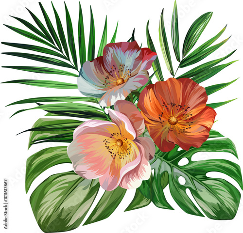 Bouquet of tropical flowers. Summer bouquet of flowers. Camellia, rose, hibiscus, orchid, plumeria, paradise flowers. Exotic, tropical