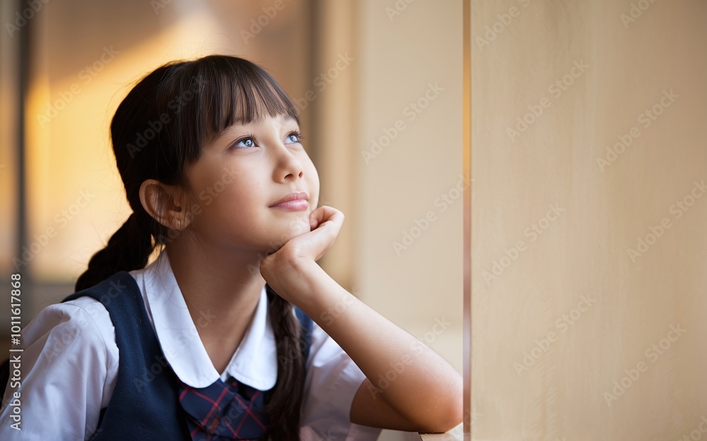 Young girl in school uniform looking out the window. Young girl in school uniform looking out the window.