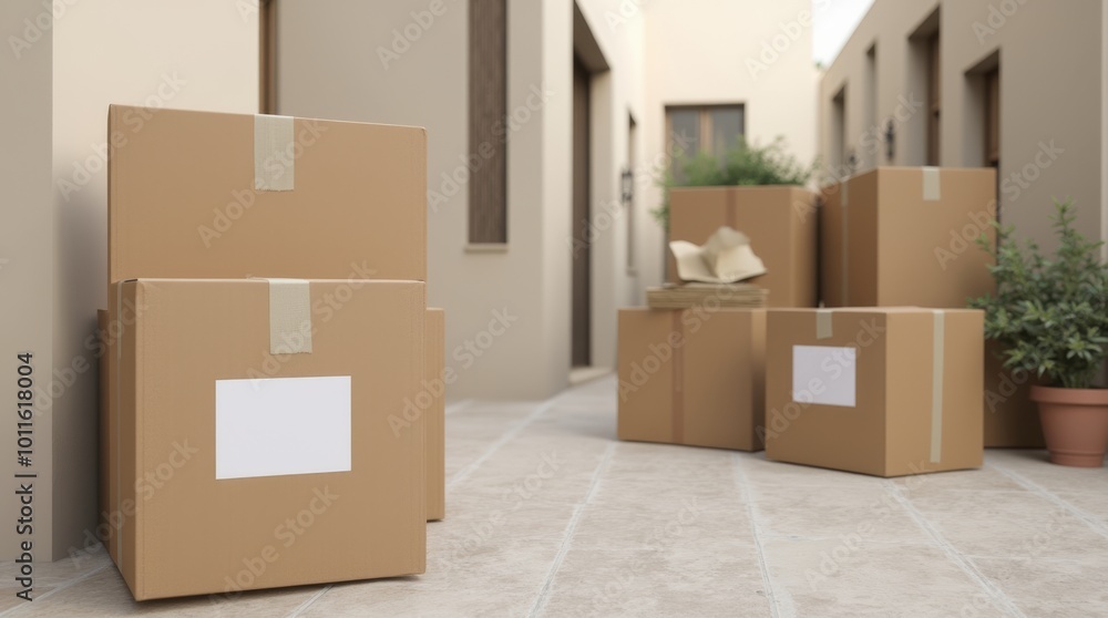 A stack of light brown moving boxes with empty labels on the side. A stack of light brown moving boxes with empty labels on the side.