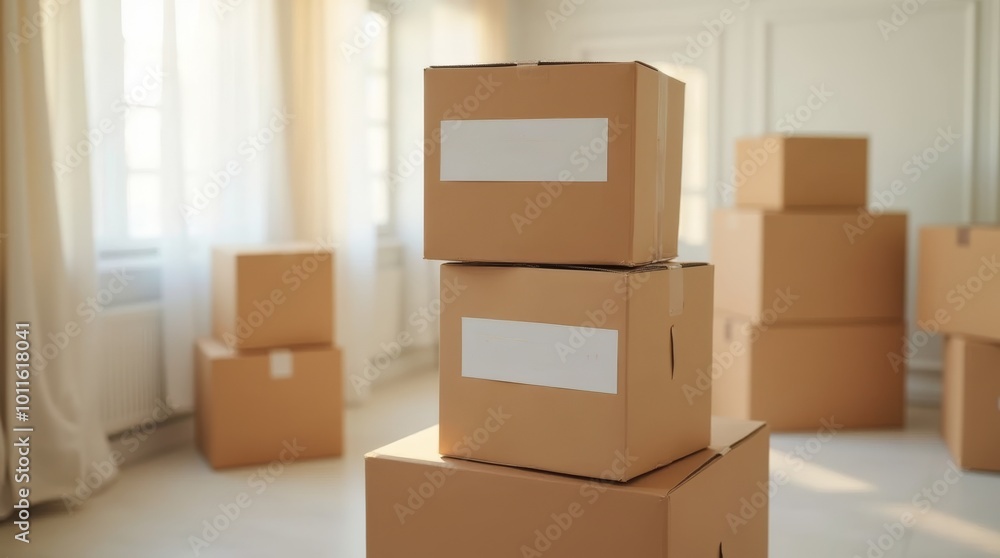 A stack of light brown moving boxes with empty labels on the side. A stack of light brown moving boxes with empty labels on the side.