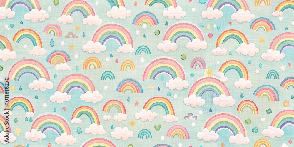 Fototapeta premium Watercolor Rainbow Pattern with Clouds and Rain, rainbow wallpaper, kids room decor, baby shower