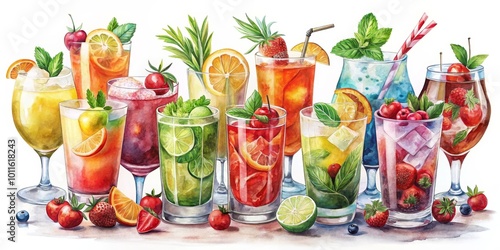 Watercolor Composition of Summer Cocktails with Fruits, Watercolor, Illustration, Cocktail, Drink , Summer , Beverage