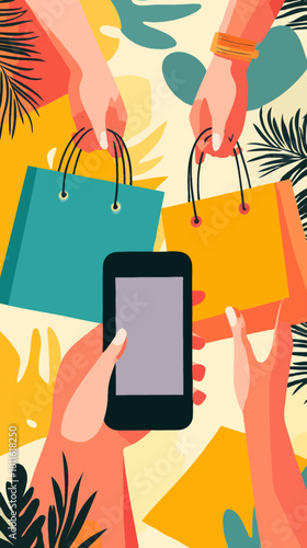 Black Friday Shopping with Smartphone and Colorful Bags in Hands - Vector Illustration