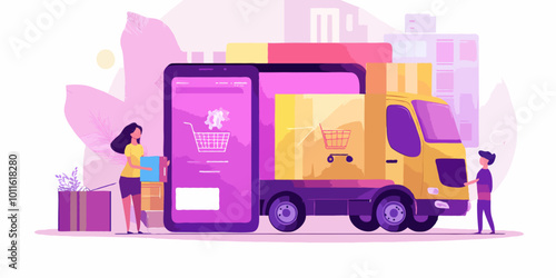 Black Friday Shopping Vector with Delivery Truck, Mobile Payment and Happy Customers