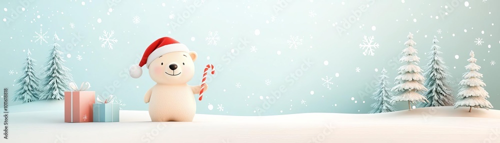 A cheerful polar bear wearing a Santa hat, holding a candy cane with a vibrant snowy Christmas scene in the background and plenty of space for text A cheerful polar bear wearing a Santa hat, holding a candy cane with a vibrant snowy Christmas scene in the background and plenty of space for text