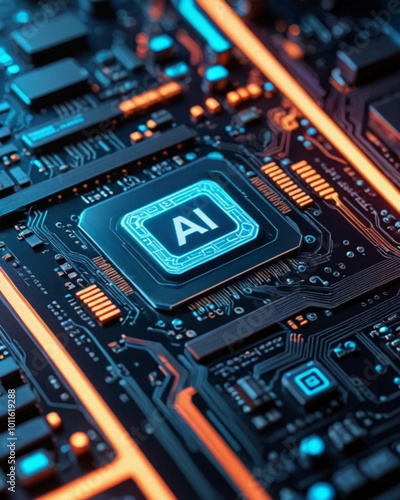 Macro placa base con un chip de inteligencia artificial con las letras ai