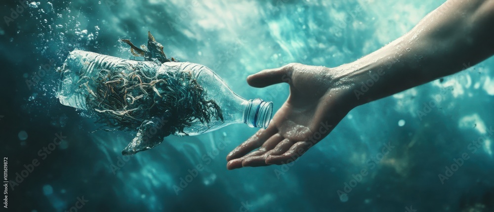 Craft a powerful image of a hand throwing away a plastic bottle into the ocean, with the bottle transforming into a sea creature entangled in it, symbolizing the consequences of littering. Craft a powerful image of a hand throwing away a plastic bottle into the ocean, with the bottle transforming into a sea creature entangled in it, symbolizing the consequences of littering.